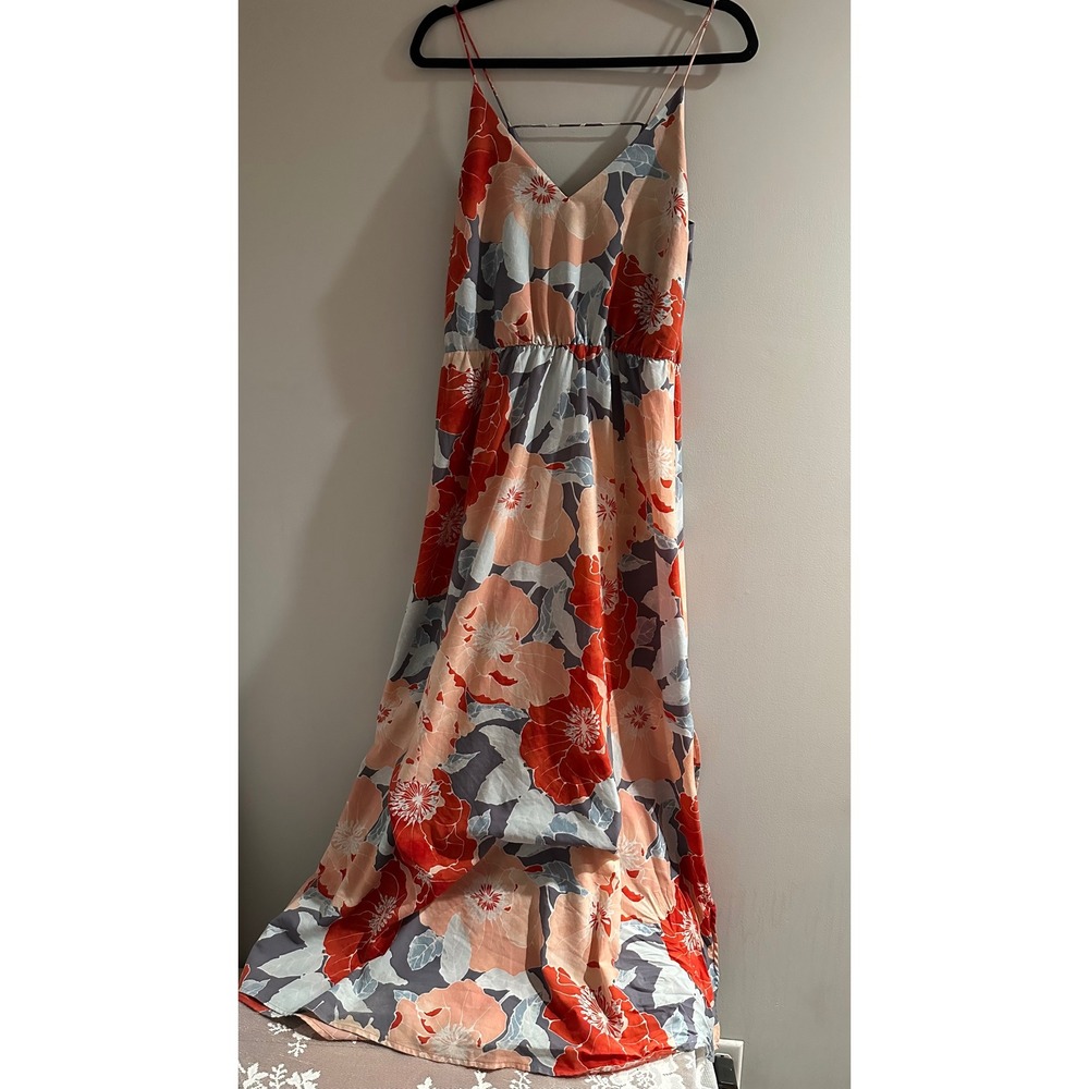 LOFT Floral Maxi Dress Womens‎ 8 Grey Orange Sleeveless V-Neck Tropical Boho